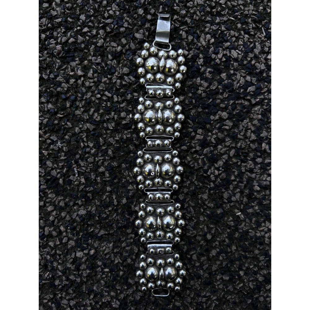 Vintage Silver Bubble Panel Link Statement Bracelet 7"-Stamped ZIlver